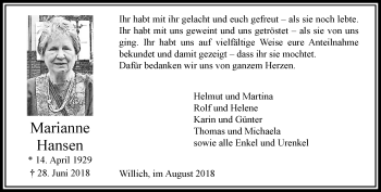 Traueranzeige von Marianne Hansen von trauer.extra-tipp-moenchengladbach.de