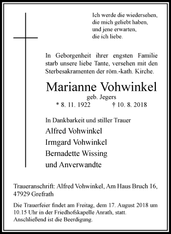 Traueranzeige von Marianne Vohwinkel von trauer.extra-tipp-moenchengladbach.de