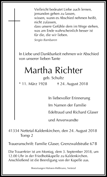 Traueranzeige von Martha Richter von trauer.extra-tipp-moenchengladbach.de