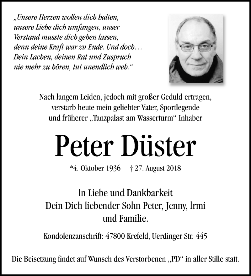  Traueranzeige für Peter Düster vom 29.08.2018 aus trauer.mein.krefeld.de