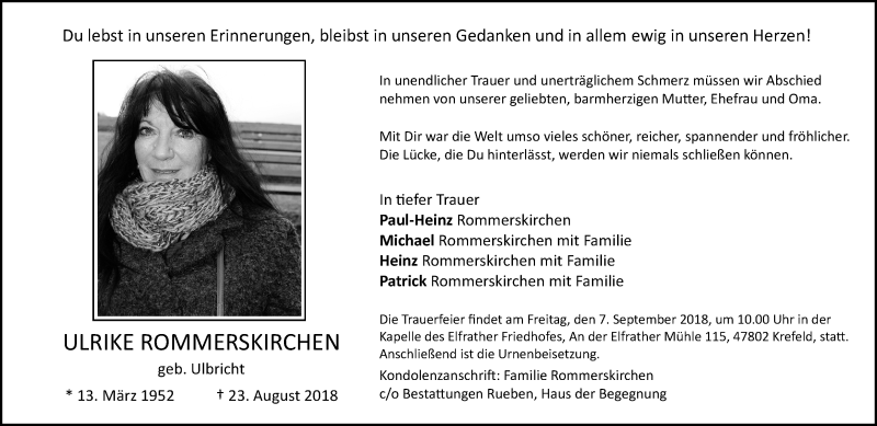  Traueranzeige für Ulrike Rommerskirchen vom 02.09.2018 aus trauer.mein.krefeld.de
