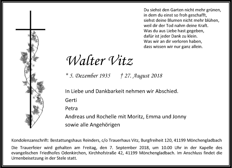  Traueranzeige für Walter Vitz vom 02.09.2018 aus trauer.extra-tipp-moenchengladbach.de