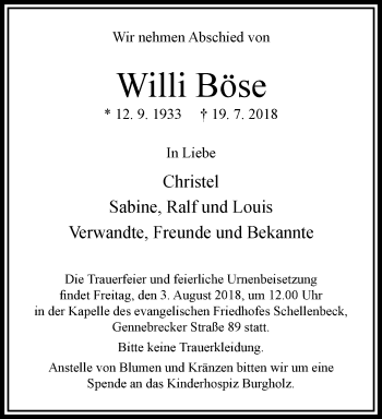 Traueranzeige von Willi Böse von trauer.wuppertaler-rundschau.de