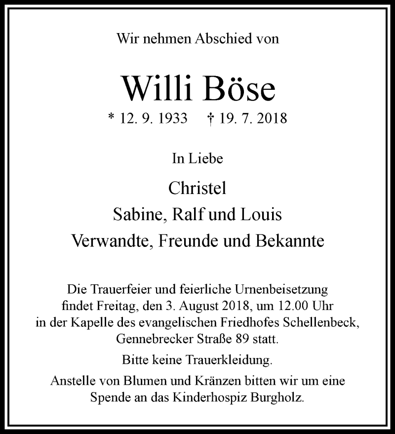  Traueranzeige für Willi Böse vom 01.08.2018 aus trauer.wuppertaler-rundschau.de