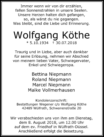 Traueranzeige von Wolfgang Köthe von trauer.wuppertaler-rundschau.de