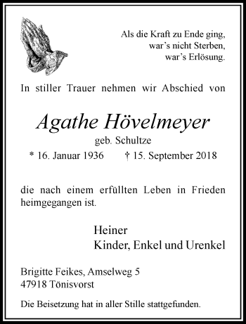 Traueranzeige von Agathe Hövelmeyer von trauer.extra-tipp-moenchengladbach.de