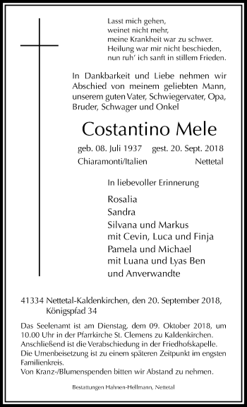 Traueranzeige von Costantino Mele von trauer.extra-tipp-moenchengladbach.de