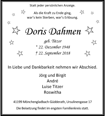 Traueranzeige von Doris Dahmen von trauer.extra-tipp-moenchengladbach.de