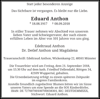 Traueranzeige von Eduard Anthon von trauer.wuppertaler-rundschau.de