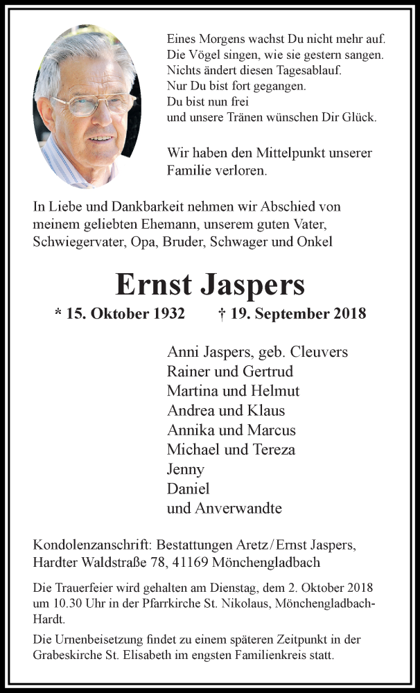  Traueranzeige für Ernst Jaspers vom 23.09.2018 aus trauer.extra-tipp-moenchengladbach.de