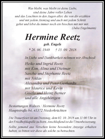 Traueranzeige von Hermine Reetz von trauer.extra-tipp-moenchengladbach.de