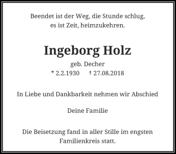 Traueranzeige von Ingeborg Holz von trauer.wuppertaler-rundschau.de