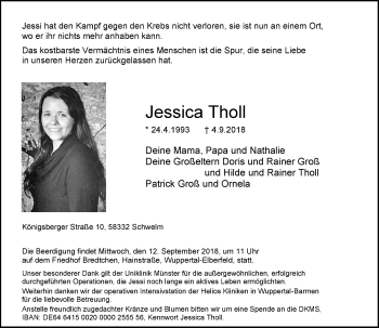 Traueranzeige von Jessica Tholl von trauer.wuppertaler-rundschau.de