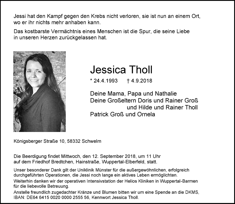  Traueranzeige für Jessica Tholl vom 08.09.2018 aus trauer.wuppertaler-rundschau.de