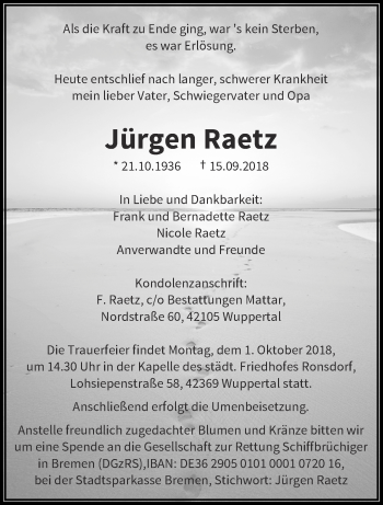 Traueranzeige von Jürgen Raetz von trauer.wuppertaler-rundschau.de