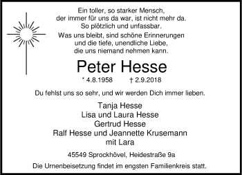 Traueranzeige von Peter Hesse von trauer.wuppertaler-rundschau.de