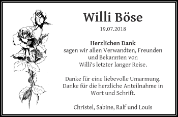 Traueranzeige von Willi Böse von trauer.wuppertaler-rundschau.de