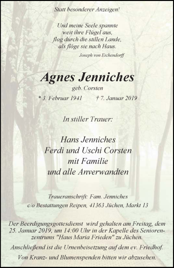 Traueranzeige von Agnes Jenniches von trauer.stadt-kurier.de