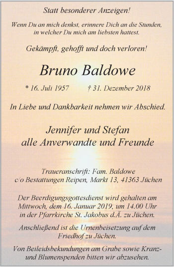 Traueranzeige von Bruno Baldowe von trauer.stadt-kurier.de