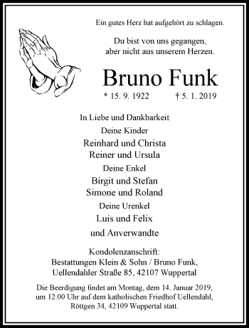 Traueranzeige von Bruno Funk von trauer.wuppertaler-rundschau.de