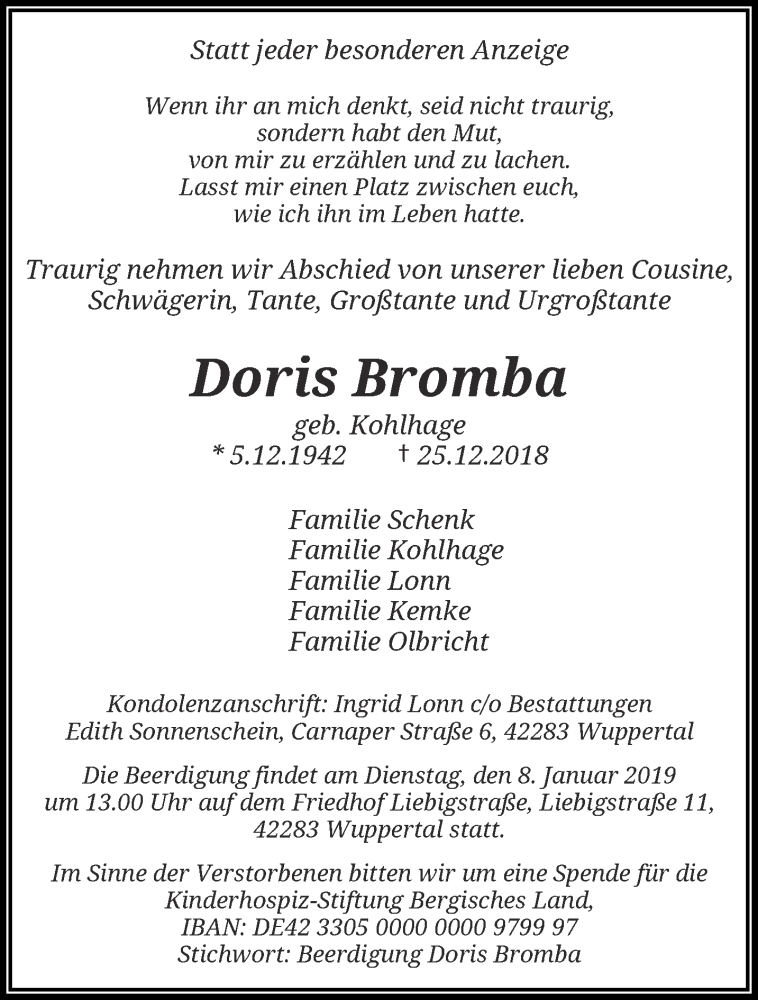  Traueranzeige für Doris Bromba vom 05.01.2019 aus trauer.wuppertaler-rundschau.de