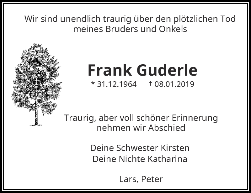  Traueranzeige für Frank Guderle vom 16.01.2019 aus trauer.wuppertaler-rundschau.de