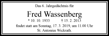 Traueranzeige von Fred Wassenberg von trauer.extra-tipp-moenchengladbach.de