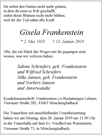 Traueranzeige von Gisela Frankenstein von trauer.extra-tipp-moenchengladbach.de