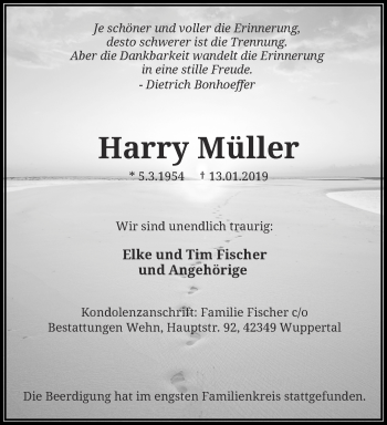 Traueranzeige von Harry Müller von trauer.wuppertaler-rundschau.de