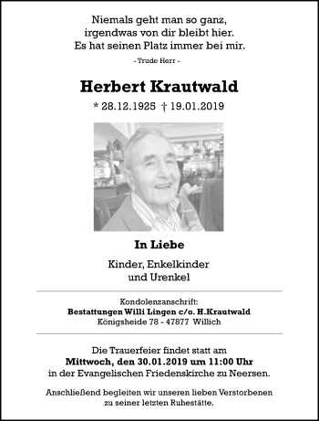 Traueranzeige von Herbert Krautwald von trauer.extra-tipp-moenchengladbach.de