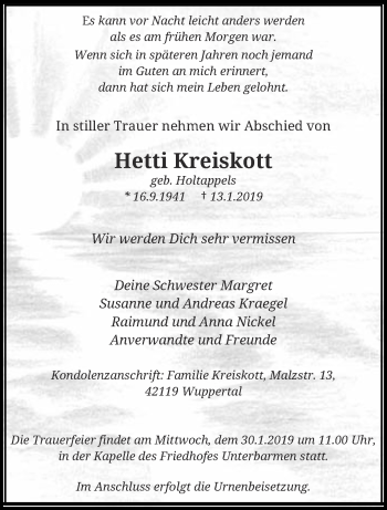 Traueranzeige von Hetti Kreiskott von trauer.wuppertaler-rundschau.de