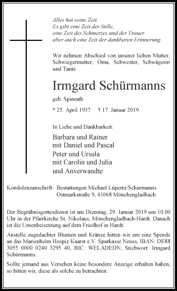 Traueranzeige von Irmgard Schürmanns von trauer.extra-tipp-moenchengladbach.de