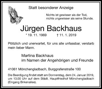 Traueranzeige von Jürgen Backhaus von trauer.extra-tipp-moenchengladbach.de