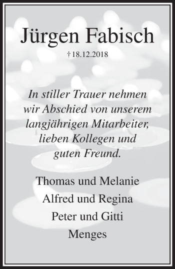 Traueranzeige von Jürgen Fabisch von trauer.stadt-panorame.de