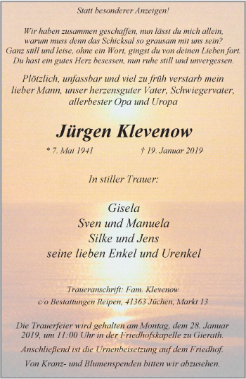 Traueranzeige von Jürgen Klevenow von trauer.stadt-kurier.de