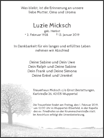 Traueranzeige von Luzie Micksch von trauer.wuppertaler-rundschau.de