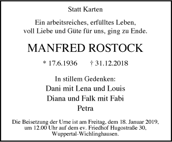 Traueranzeige von Manfred Rostock von trauer.wuppertaler-rundschau.de