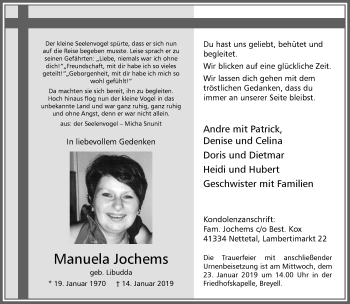 Traueranzeige von Manuela Jochems von trauer.extra-tipp-moenchengladbach.de