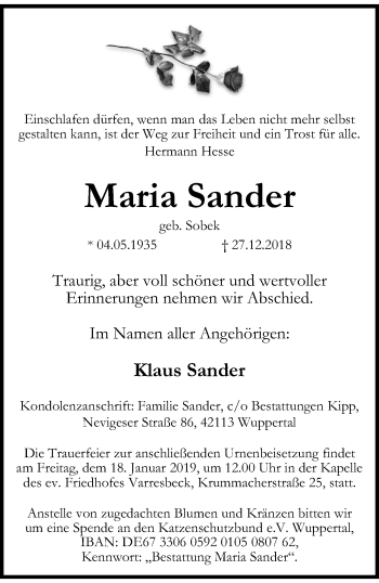 Traueranzeige von Maria Sander von trauer.wuppertaler-rundschau.de