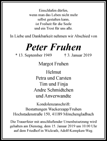 Traueranzeige von Peter Fruhen von trauer.extra-tipp-moenchengladbach.de