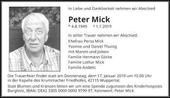 Traueranzeige von Peter Mick von trauer.wuppertaler-rundschau.de