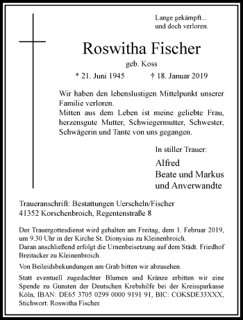 Traueranzeige von Roswitha Fischer von trauer.extra-tipp-moenchengladbach.de