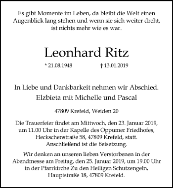 Traueranzeige von leonhard Ritz von trauer.mein.krefeld.de
