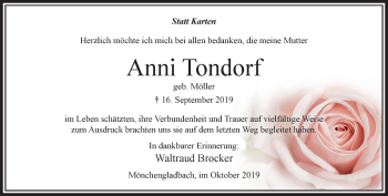 Traueranzeige von Anni Tondorf von trauer.extra-tipp-moenchengladbach.de