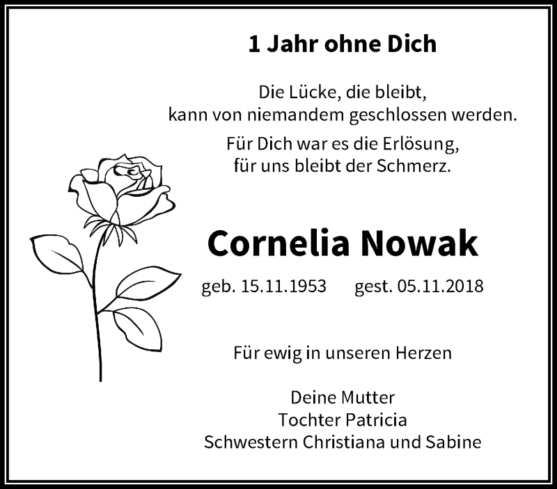  Traueranzeige für Cornelia Nowak vom 02.11.2019 aus trauer.wuppertaler-rundschau.de
