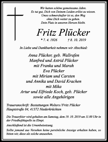 Traueranzeige von Fritz Plücker von trauer.extra-tipp-moenchengladbach.de