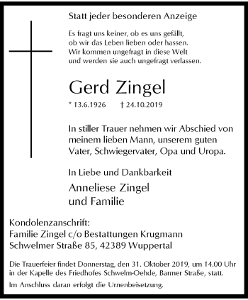 Traueranzeige von Gerd Zingel von trauer.wuppertaler-rundschau.de