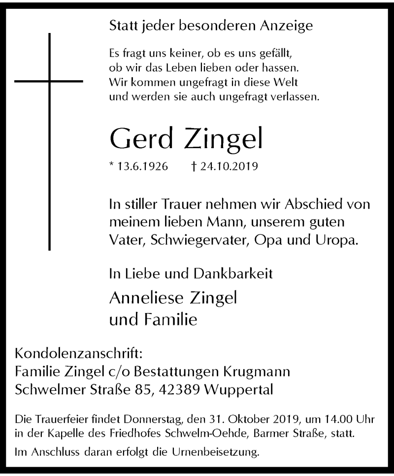  Traueranzeige für Gerd Zingel vom 30.10.2019 aus trauer.wuppertaler-rundschau.de