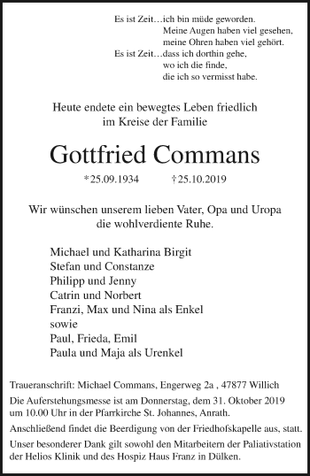 Traueranzeige von Gottfried Commans von trauer.extra-tipp-moenchengladbach.de