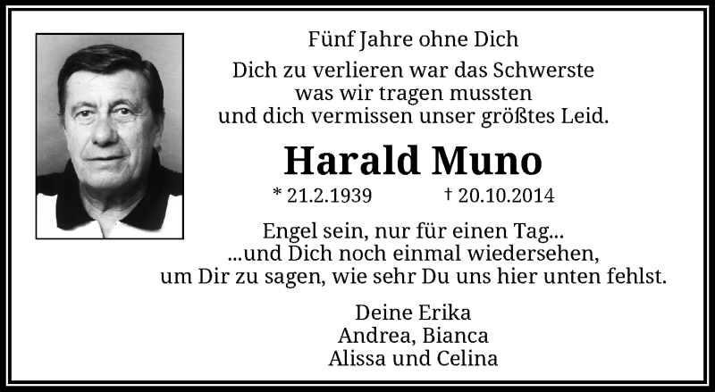  Traueranzeige für Harald Muno vom 19.10.2019 aus trauer.wuppertaler-rundschau.de